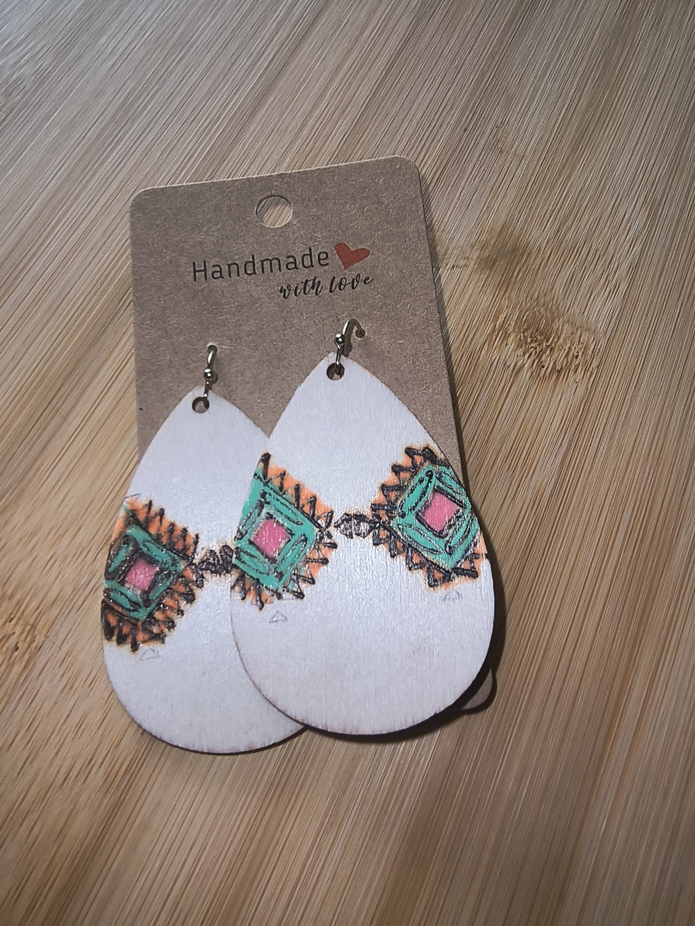 Hand Crafted White Teardrop Earrings with Pink & Green Geometric Accents